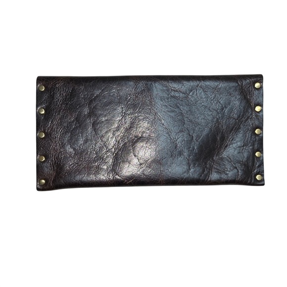 Moss Mills Dark Brown / Black Leather Lotus Flower Studded Envelope Clutch Bag - Picture 2 of 10